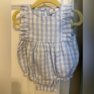 Petite Plume Twill Ruffled Romper, Light Blue Gingham, Size 3/6m